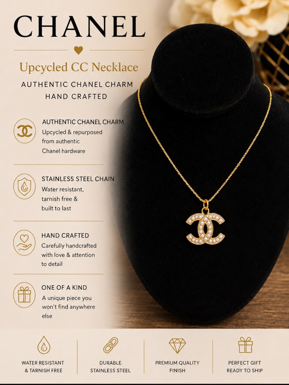 CHANEL Gold Pearl CC Pendant Necklace - Upcycled Authentic Charm